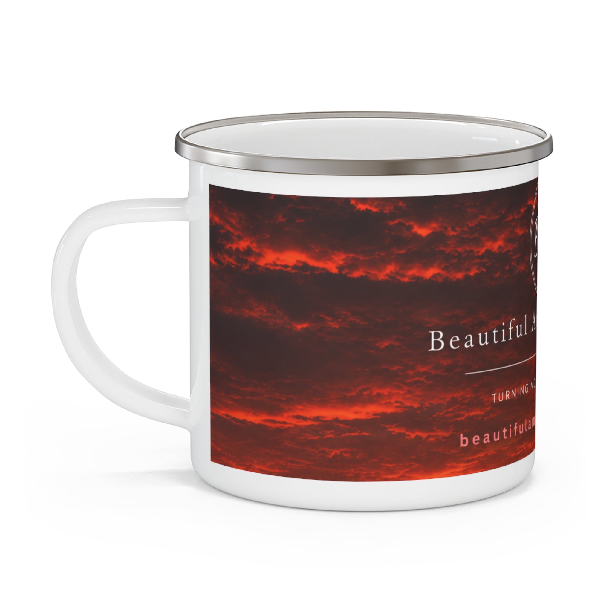 STOP ,it just a storm in a tea cup?BAM Sunset Reflections Enamel Camping Mug – Sip the MomentEnamel Camping Mug